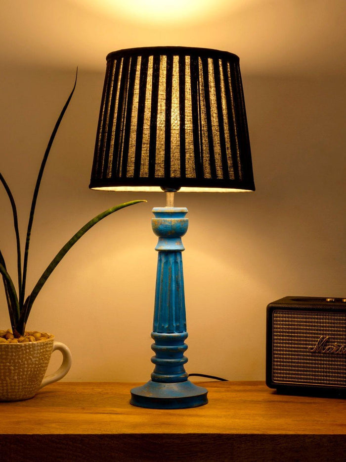Wooden Pillar Blue lamp with pleeted Black Soft Shade - Ouch Cart