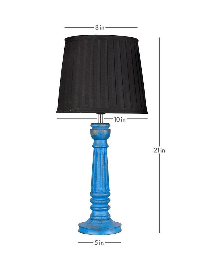 Wooden Pillar Blue lamp with pleeted Black Soft Shade - Ouch Cart