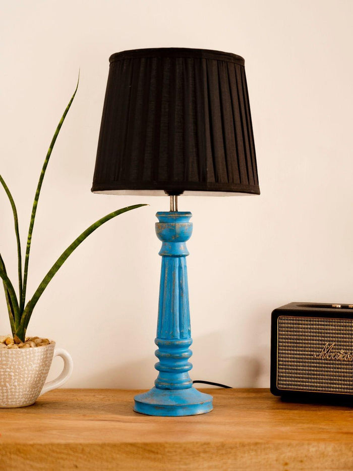 Wooden Pillar Blue lamp with pleeted Black Soft Shade - Ouch Cart