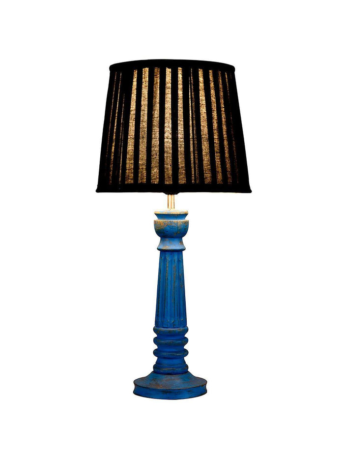 Wooden Pillar Blue lamp with pleeted Black Soft Shade - Ouch Cart