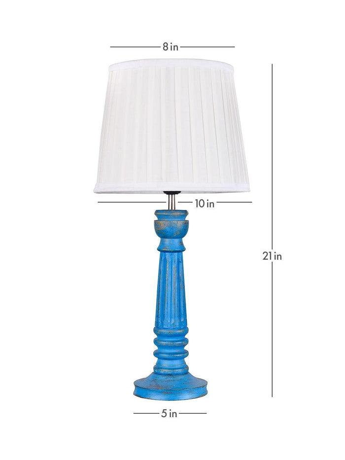 Wooden Pillar Blue lamp with pleeted White Soft Shade - Ouch Cart