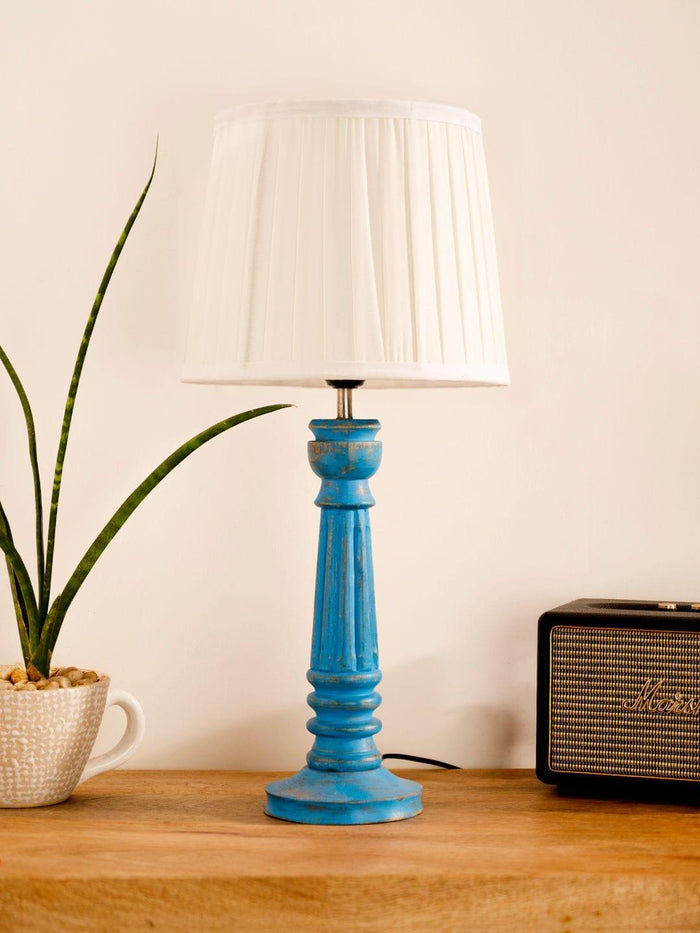 Wooden Pillar Blue lamp with pleeted White Soft Shade - Ouch Cart