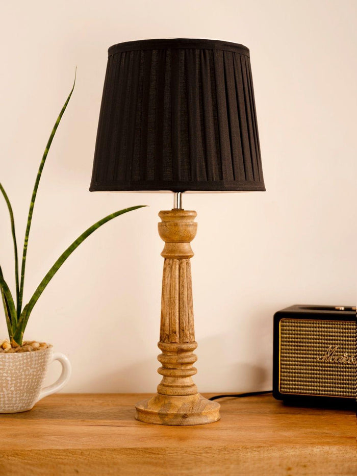 Wooden Pillar Brown lamp with pleeted Black Soft Shade - Ouch Cart