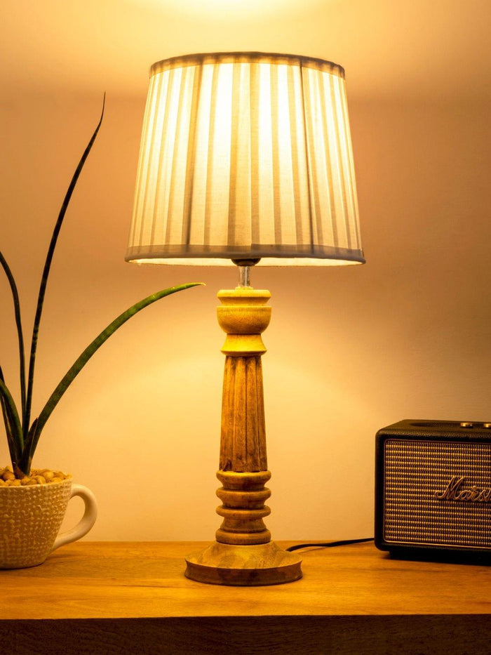 Wooden Pillar Brown lamp with pleeted White Soft Shade - Ouch Cart