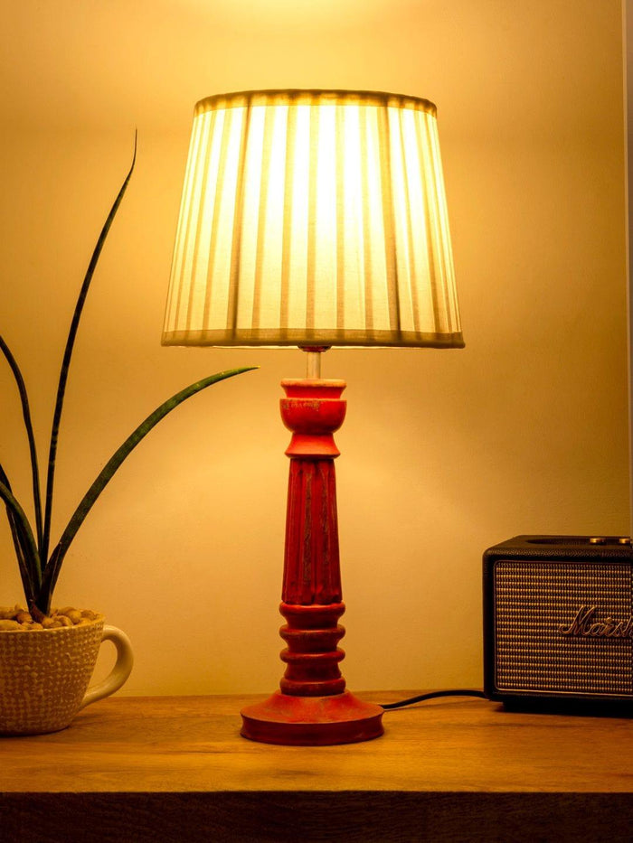 Wooden Pillar Pink lamp with pleeted White Soft Shade - Ouch Cart