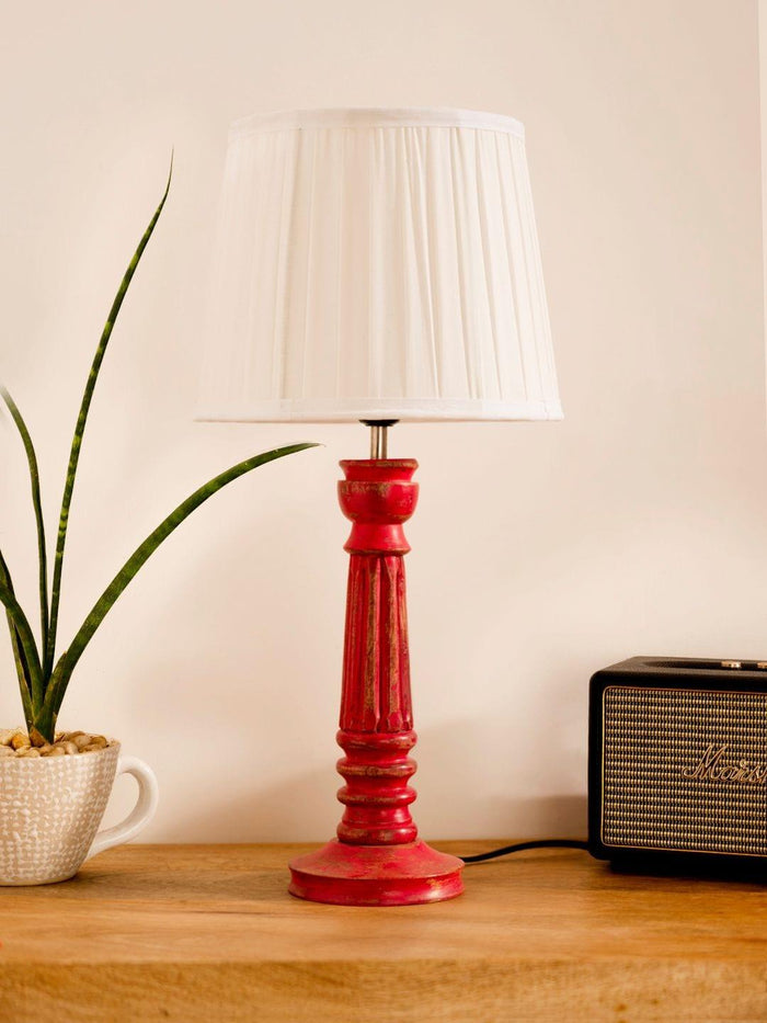 Wooden Pillar Pink lamp with pleeted White Soft Shade - Ouch Cart