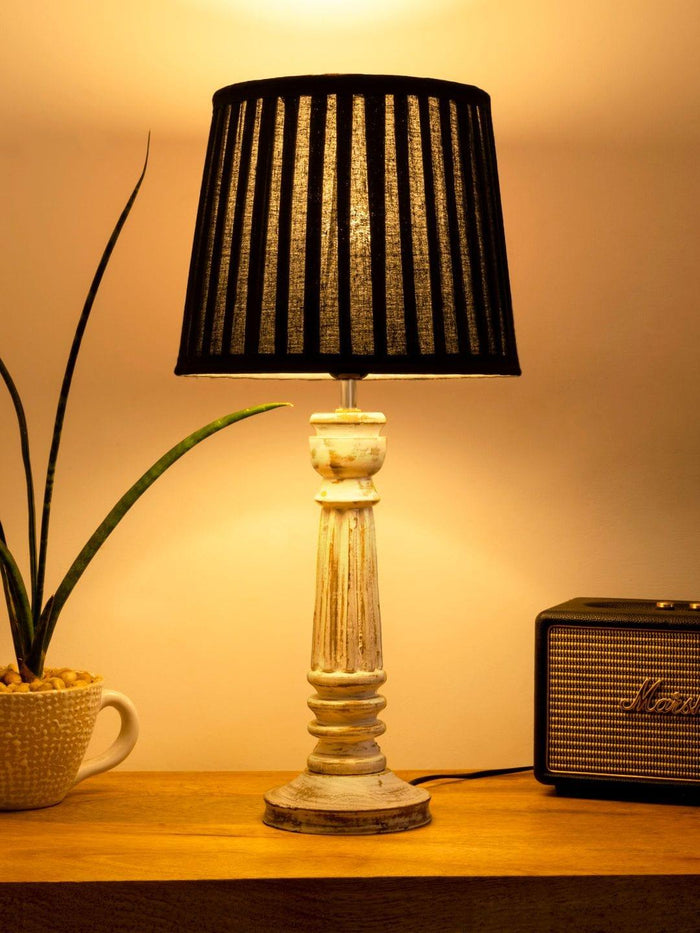 Wooden Pillar White lamp with pleeted Black Soft Shade - Ouch Cart