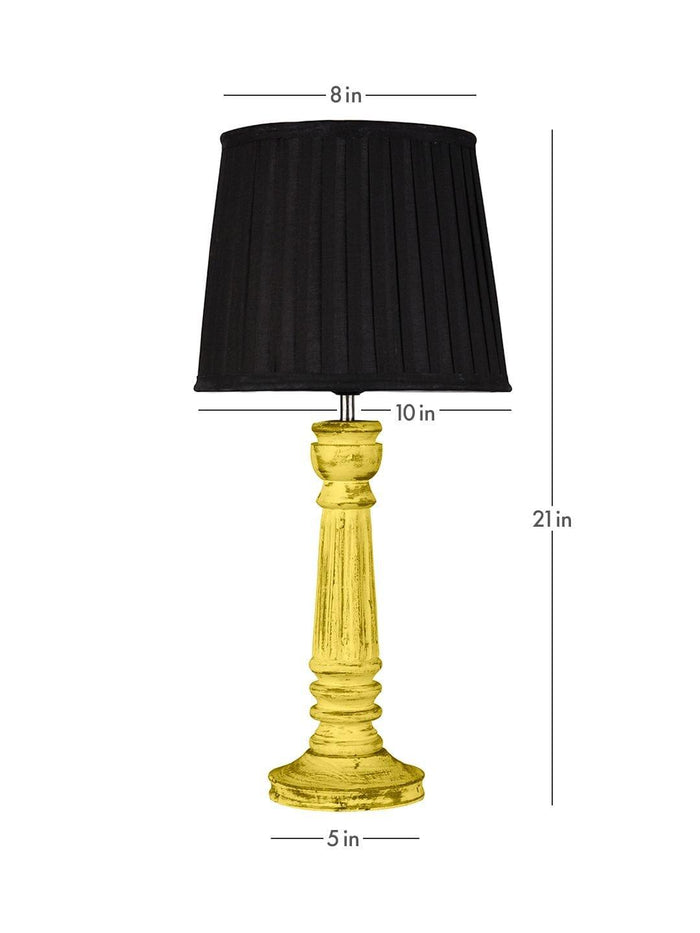 Wooden Pillar Yellow lamp with pleeted Black Soft Shade - Ouch Cart