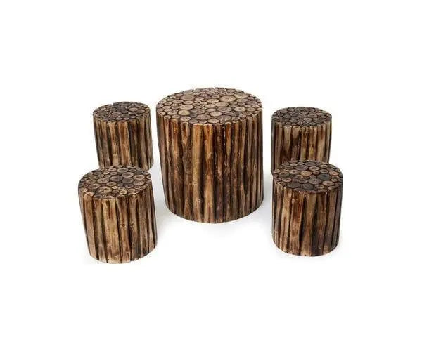 WOODEN ROUND COFFEE TABLE WITH 4 STOOL - Ouch Cart