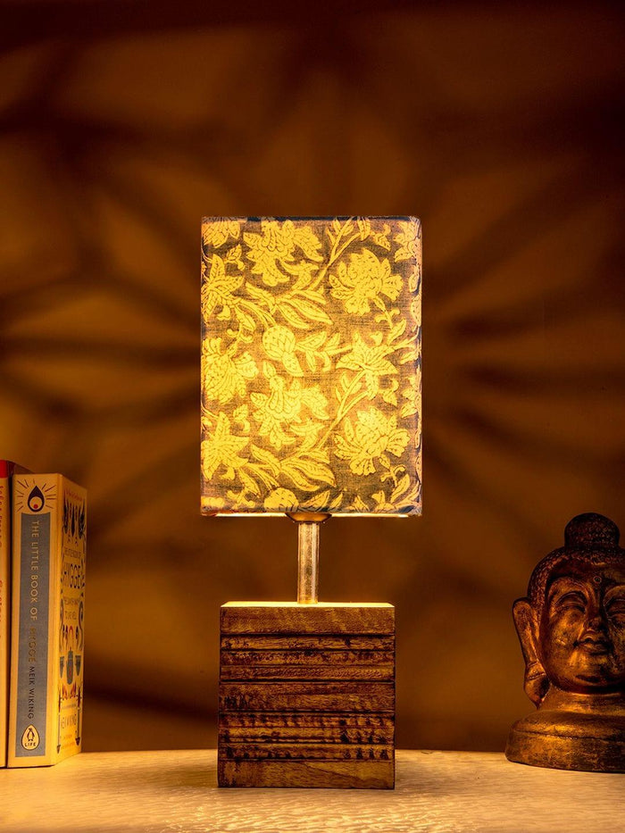 Wooden Stripped Cube Lamp with Colorful Blue Shade - Ouch Cart