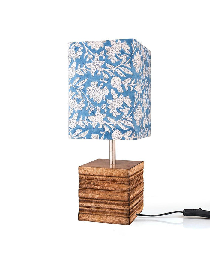 Wooden Stripped Cube Lamp with Colorful Blue Shade - Ouch Cart