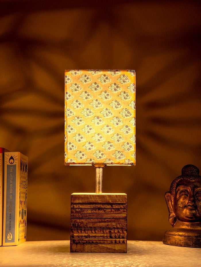 Wooden Stripped Cube Lamp with Colorful Yellow Shade - Ouch Cart